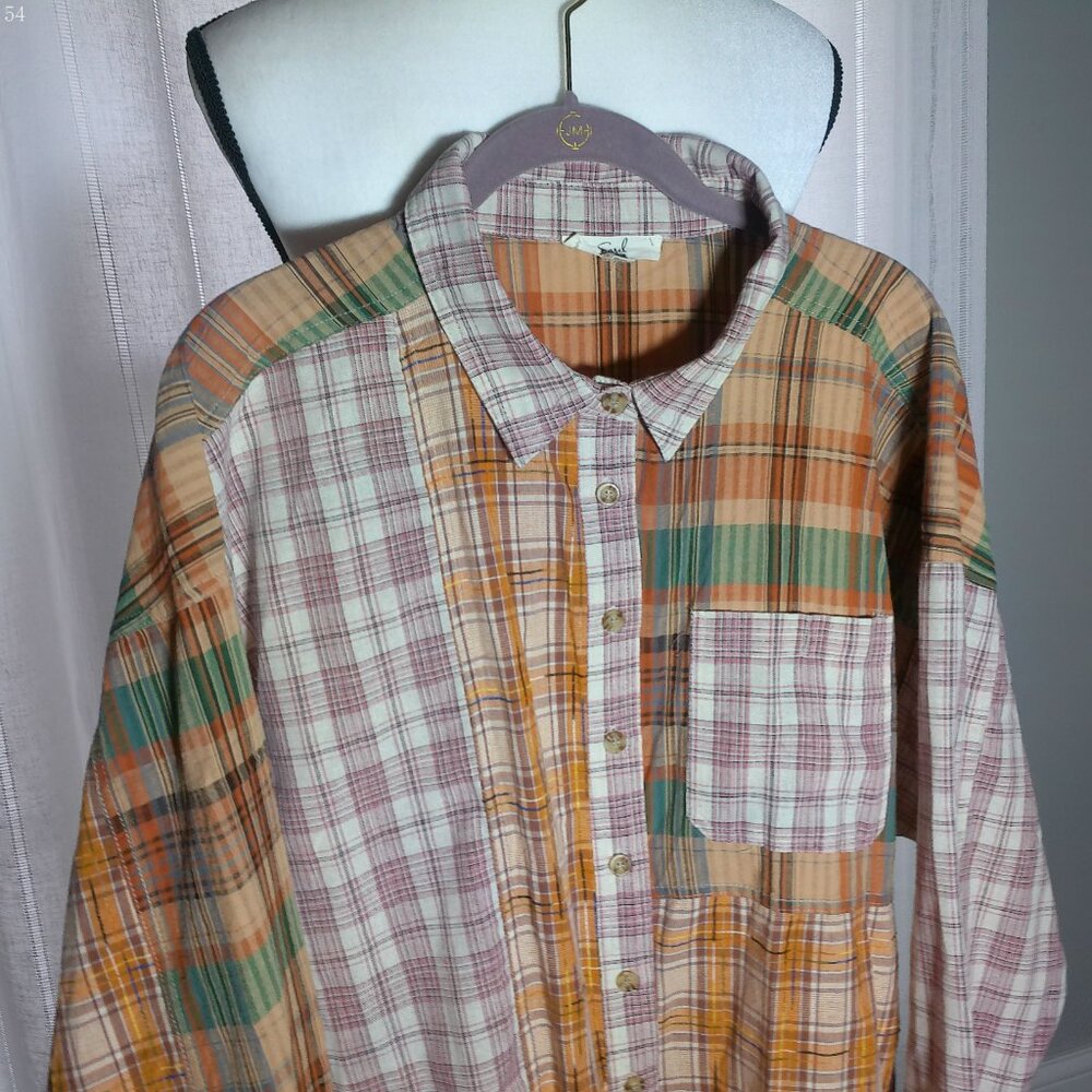 EASEL Los Angeles Snow Wash Mixed Plaid Patchwork Boho Button Down Shirt Size L - Picture 4 of 11
